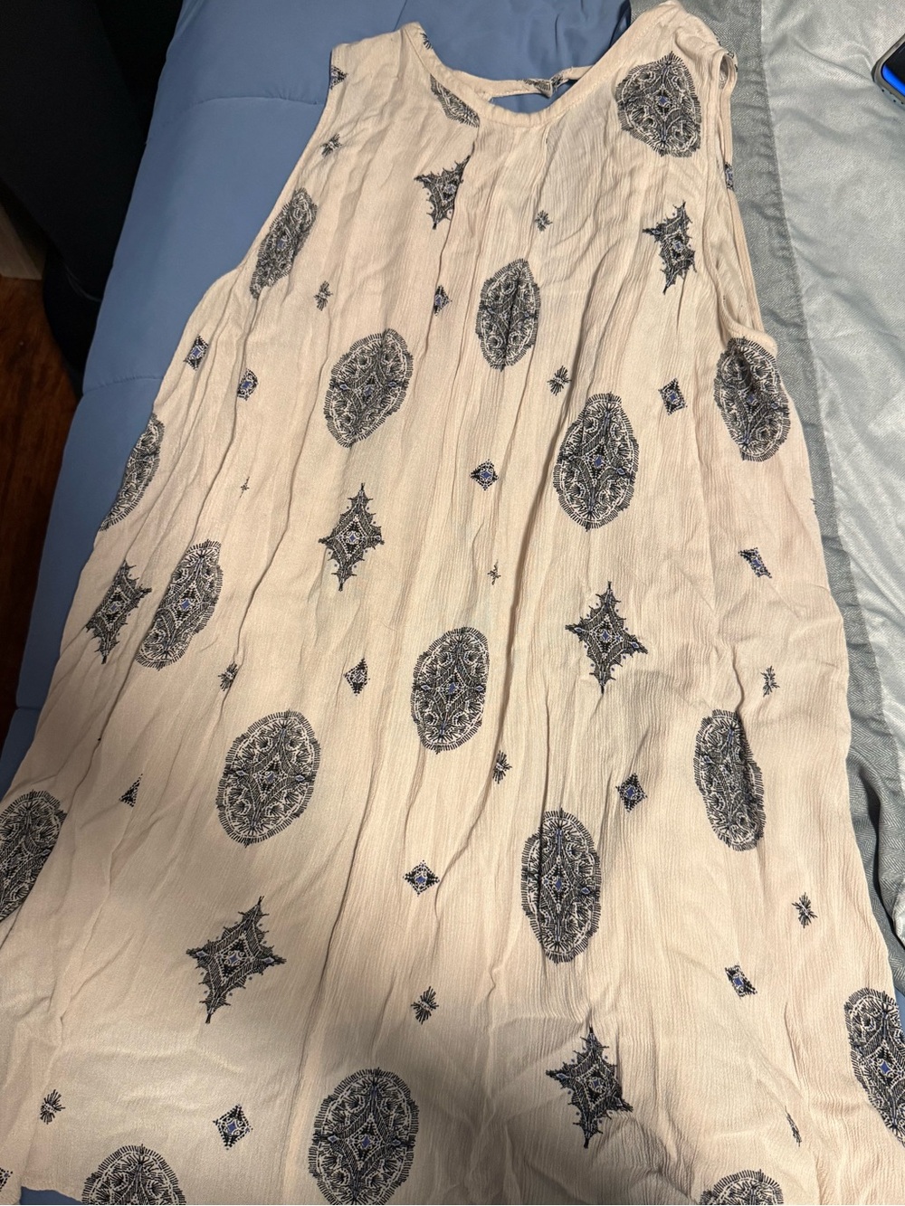 Free People Cream Shirt Dress with Navy Medallion Print